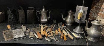 Lot Of (3) Pewter Teapots, Knives, Nutmeg  Greater & Other Misc. Kitchen Tools