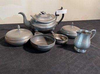 Pewter Williamsburg Reproduction Lot Of (2)  Covered Bowls, (1) Creamer (2) Porringers (1)  Teapot