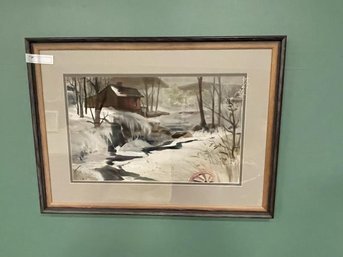 Watercolor Of Red Cottage Unsigned, Some Discoloration, 14' X 23' Plus 4' Matt & Frame
