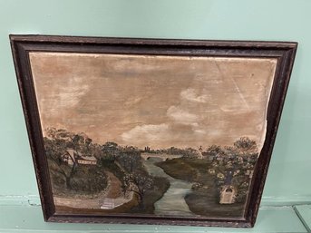 Folk Art Painting, Most Unusual On Window Shade, Country Stream With House & Church, Signed Lower Right T.H.H. 86, Very Dirty, Shade Has Some Cracking, 2 Folds Upper Right, 25' Tall X 31' Plus 2' Frames