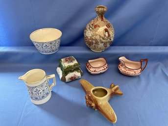 Lot Of Misc. China, Bowl, Vase, Pitcher, Oriental Satsuma Vase - Cracked & Drilled, Open Sugar Cracked