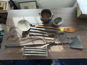 Lot - 2 Rug Beaters, Cast Iron Kettle, Tongs, Candle Mold, Miniature Paddle