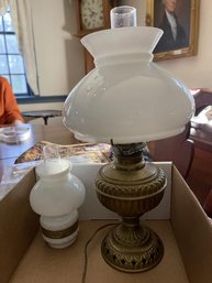 Lot Of (2)Kerosene Lamps, Poor Condition,  One With Brass Base, One Chimney Cracked, One  Glued Together