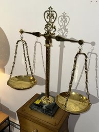 Balance Scale, Brass, Marble Base, Made In  Italy, 29' Tall X 27' Wide