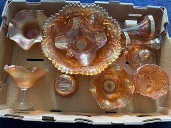 Lot Of Carnival Glass, 9 Pc, Chip On Vase