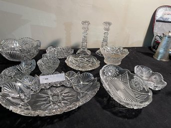 Pressed Cut Glass Dishes & Bowls Plus Pair Of  Glass Candlesticks