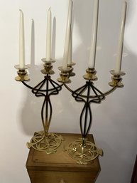 Pair Candelabras, Art Deco Style, Brass,  George Wojidkow & Co, Maumo (Stamped On  Bottom) 19' Tall X 12' Wide