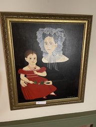 Reproduction Folk Art Mother & Child, Signed  Lower Right Bonnie DeRestie 1979 27'x31'