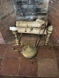 Pair Of Andirons 16' Tall With Teapot On  Trivet & Tongs