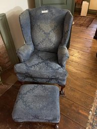 Blue Upholstered Wing Back Chair With Ottoman