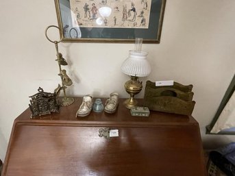 Lot Of Oil Lamps, Baby Shoes, Desk Letter  Holders, Wedgewood Box (small) Letter Chip Tree