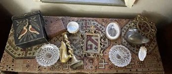 Lot Of Brass Candlesticks, Pair Of Pressed  Glass Ask Trays, Duck, Reproduction Document  Box, Frames, Box, Etc.
