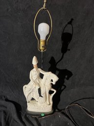 Staffordshire Figure Lamp, Man On Horse, Marked 'C. Stewart' On Front, No Shade, Overall 28' Tall, Believed To Be Glued To Base & Not Drilled, Small Damage To Rear Foot