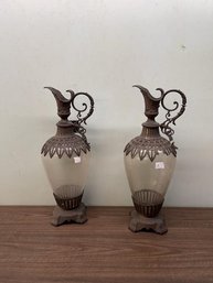 Pair Of Apothecary Glass Show Globes Urns With Metal Bases, 28' Tall