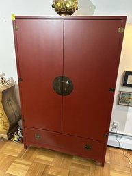 Oriental Style Cabinet With 2-Door & Lower  Drawer, Interior Has 4-Shelves, Red  Lacquered, 64' Tall X 14' Deep X 42' Wide