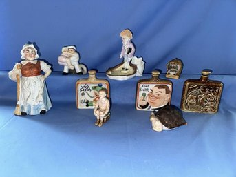 Lot Of 9 Assorted China Items, Whiskey Flasks, Figurines, Minor Scattered Chips