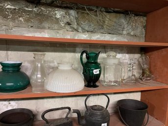 Lot Of Chimney, Green Vase, Whale Oil Lamp  With Green Shade