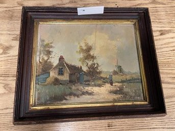 Painting, Oil On Board, Country Cottage, Sign Lower Right E. La Font, Black Walnut Frame, Poor Condition, 10.5' X 13.5' Plus 3' Frame