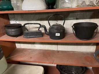 Lot Of Flat Iron, Footed Pot, Iron Teapot,  Iron Pale, Etc.