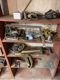 Lot Of Assorted Tools (All 4 Shelves)  Including: Hammers, Wooden Clamps, Drill,  Etc.