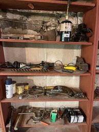 Lot Of Assorted Tools (All 4 Shelves)  Including: Hammer, Battery Charger, Electric  Drill, Sander, Wooden Pla