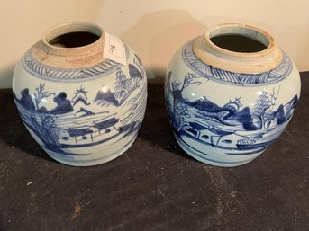 Pair Of Blue/White Canton Ginger Jars, No  Covers, 6' Diameter X 6' Tall