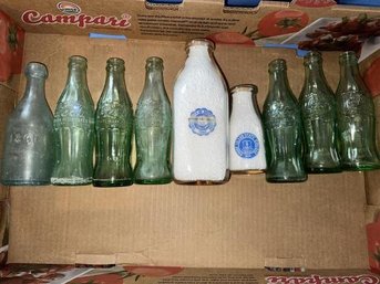 Lot Of Bottles, 2 Milk, Stamped 1861 Bottle, 6 Coca-Cola - Manufactured In Peacedale, RI