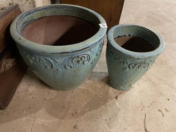 Lot Of (2) Green Outdoor Pottery Planters 13'  & 14' Tall