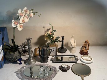Dresser Tray With Clock, Hand Mirror,  Candlestick, Frame, Ashtray, Etc.