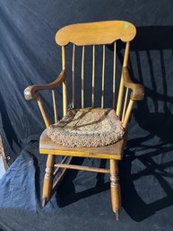 Child's Rocking Chair, Country, Pine, Spindle Back, Hooked Seat Pad, 23' Tall