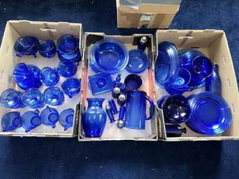 Large Lot Of Assorted Blue Glassware, Plates, Pitcher, Bowl Etc.