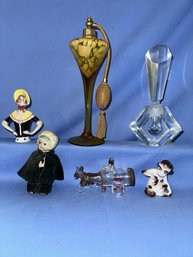 Misc. Lot Of 6 Items, 2 Perfume Bottles, 1 Bisque Baby Doll, Candy Container, German Porcelain Monkey, German Pin Cushion Figure