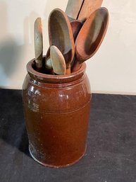 Red Ware Jar With Wooden Utensils, 9' Tall