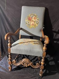 Arm Chair, Walnut, Needlepoint Seat & Back, Torn On One Side