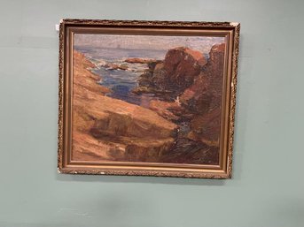 Seascape, Oil On Canvas Of Rocky Shore With 1 Sailboat, Paint Lifting & Cracking Throughout With Spot Of Bare Canvas, Frame In Poor Condition, Signed Lower Right M.S. Tuhle 1919, 24.5'x28.5'