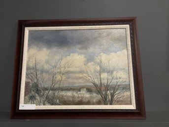 Oil On Canvas Of Winter Landscape Signed Lower Right MLK Stevens 17.5'x23.5' Plus 2.5' Frame