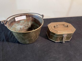 Brass Lift Top Box And Pail  With Cracks