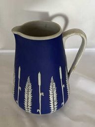 Wedgewood Style Unmarked Pitcher With Cattails, Crack On Handle, 8' Tall