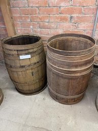Lot Of (2) Wooden Barrels, Poor Condition: Missing Bottom, Missing Parts & Loose Hoops, 23' Tall