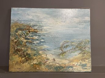 Seascape Painting Coast Line With Sailboat, Signed Joyce LaMotte 24'x30' Unframed