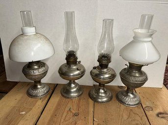4 Rayo Style Kerosene Lamps, Nickel Plated, 2 With White Shades, Chimneys On All