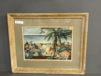 Watercolor Tropical Harbors With Village & Figures, Signed Ira Smith 14'x20' Plus 5.5' Frame
