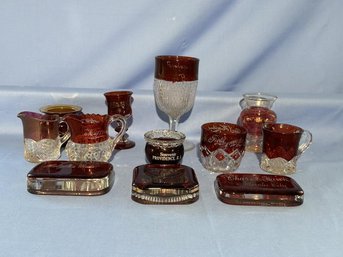 Lot Of 12 Souvenir Cranberry Glass Items, 3 Paper Weights With Scratcher