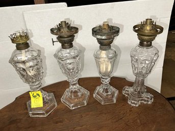 Lot Of 4 Whale Oil Lamps, Clear Glass, 8' Tall