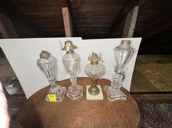 Lot Of 4 Lamps, 3 Whale Oil And 1 Kerosene, 8' To 11.5' Tall, Clear Glass