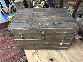 Flat Top Steamer Trunk, Gracey US Consulate, Foochow China, Painted On Top And One The Side Of Tank, 25'Tx22'Dx39'W