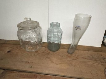 Lot Of 3 Items - Planter Peanuts Covered Jar - Chip On Rim, Horlick's Jar, Pilsener Boot