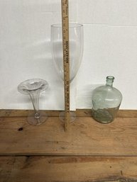 Lot Of 3 Glass Items - Bud Vase, Bottle, Large Champagne Glass 24'tall