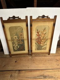 2 Victorian Still Life Prints, Framed, Water Stained & Discolored, Matching Oak Frames, 35'x18.5' - Overall Size