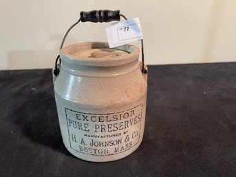 H.A. Johnson & Co Boston, MA Excelsior Pure  Preserves Small Crack On Lid & Handle, Chips  On Lid